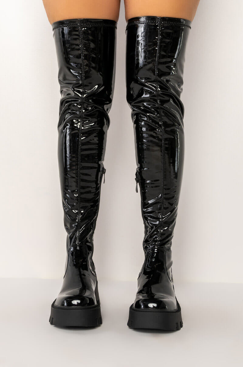 AZALEA WANG MILLY THIGH HIGH FLATFORM BOOT IN BLACK STRETCH