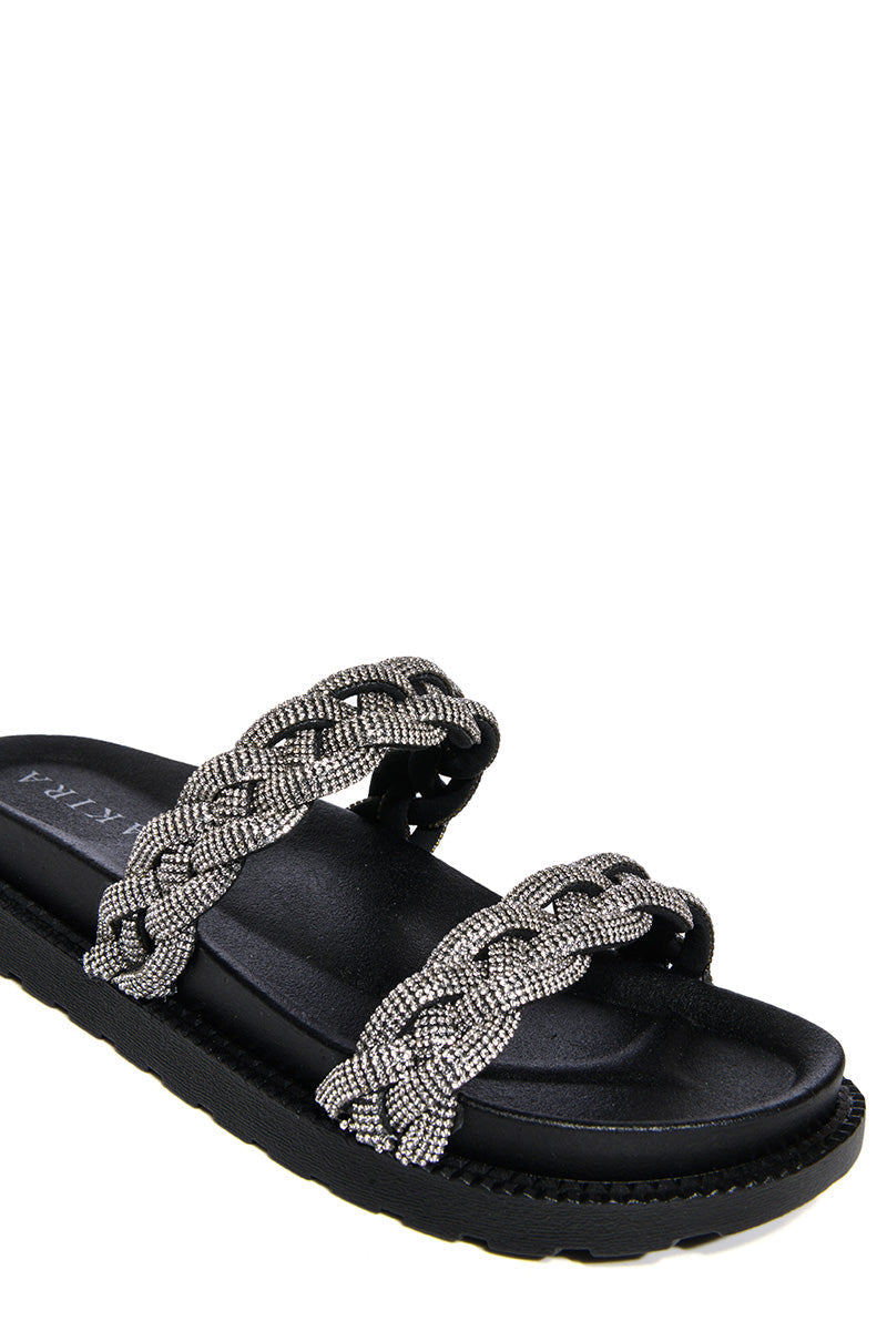AZALEA WANG NIKOLINA EMBELLISHED FLAT SLIP ON SANDAL IN BLACK
