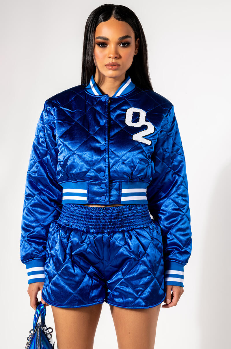 NO CAP CROPPED SATIN VARSITY BOMBER