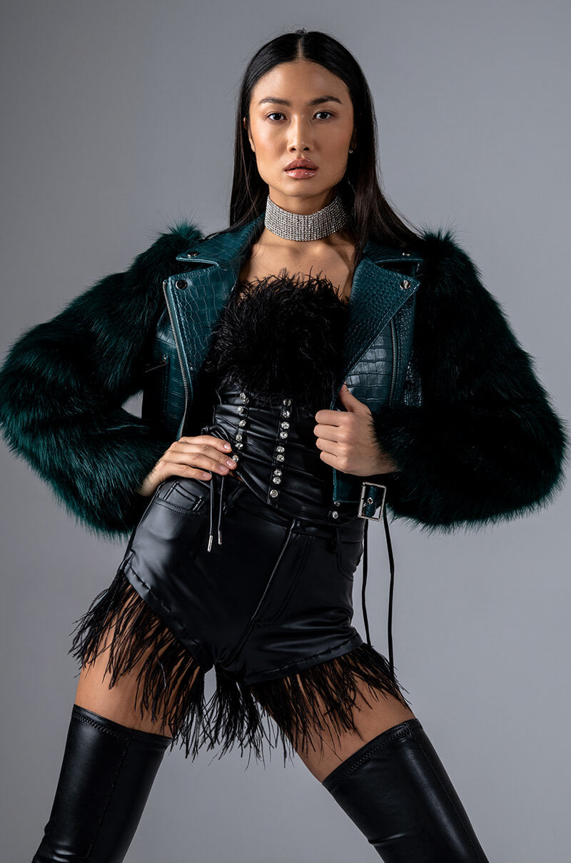 AZALEA WANG NOLLA FAUX FUR ARMS CROC MOTO JACKET