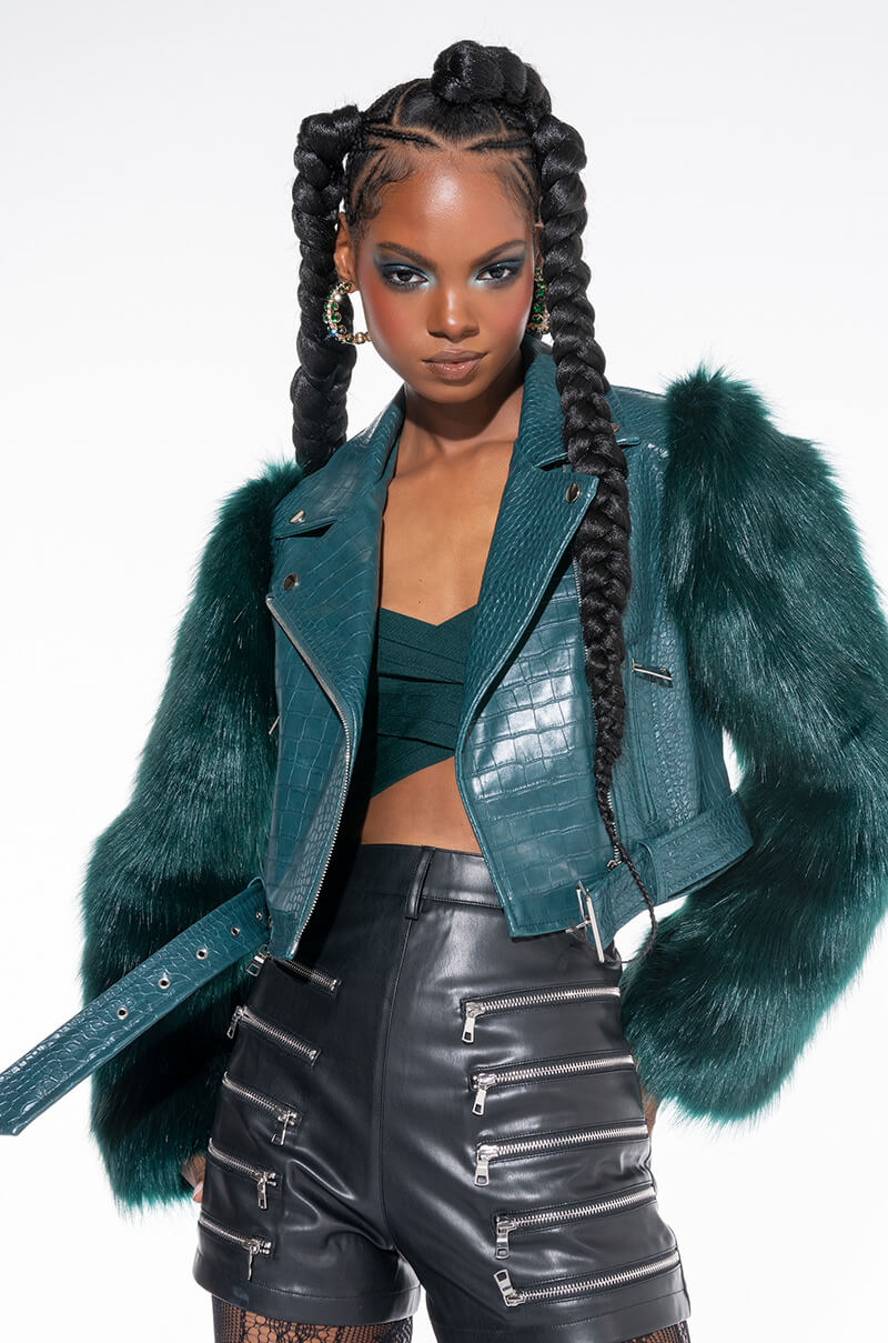 AZALEA WANG NOLLA FAUX FUR ARMS CROC MOTO JACKET