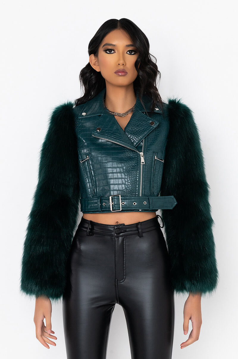 AZALEA WANG NOLLA FAUX FUR ARMS CROC MOTO JACKET