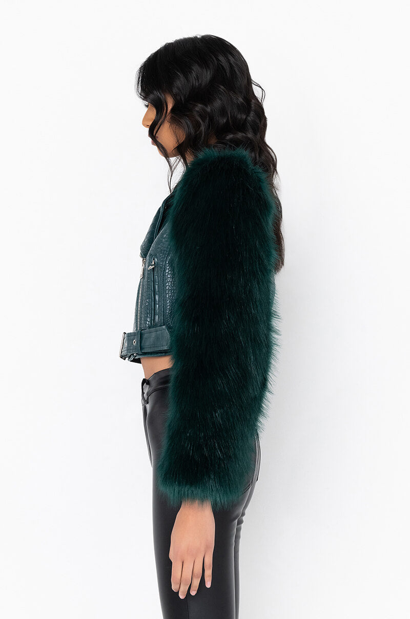 AZALEA WANG NOLLA FAUX FUR ARMS CROC MOTO JACKET