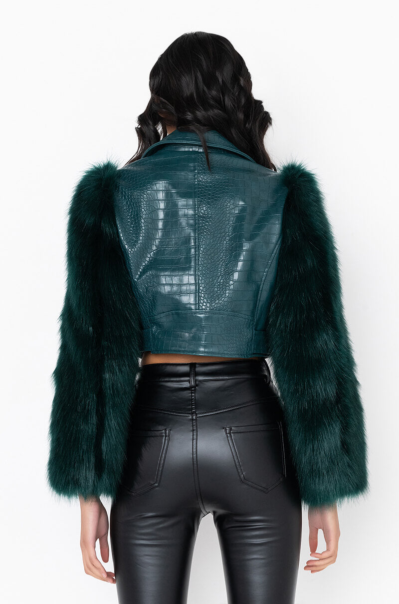 AZALEA WANG NOLLA FAUX FUR ARMS CROC MOTO JACKET