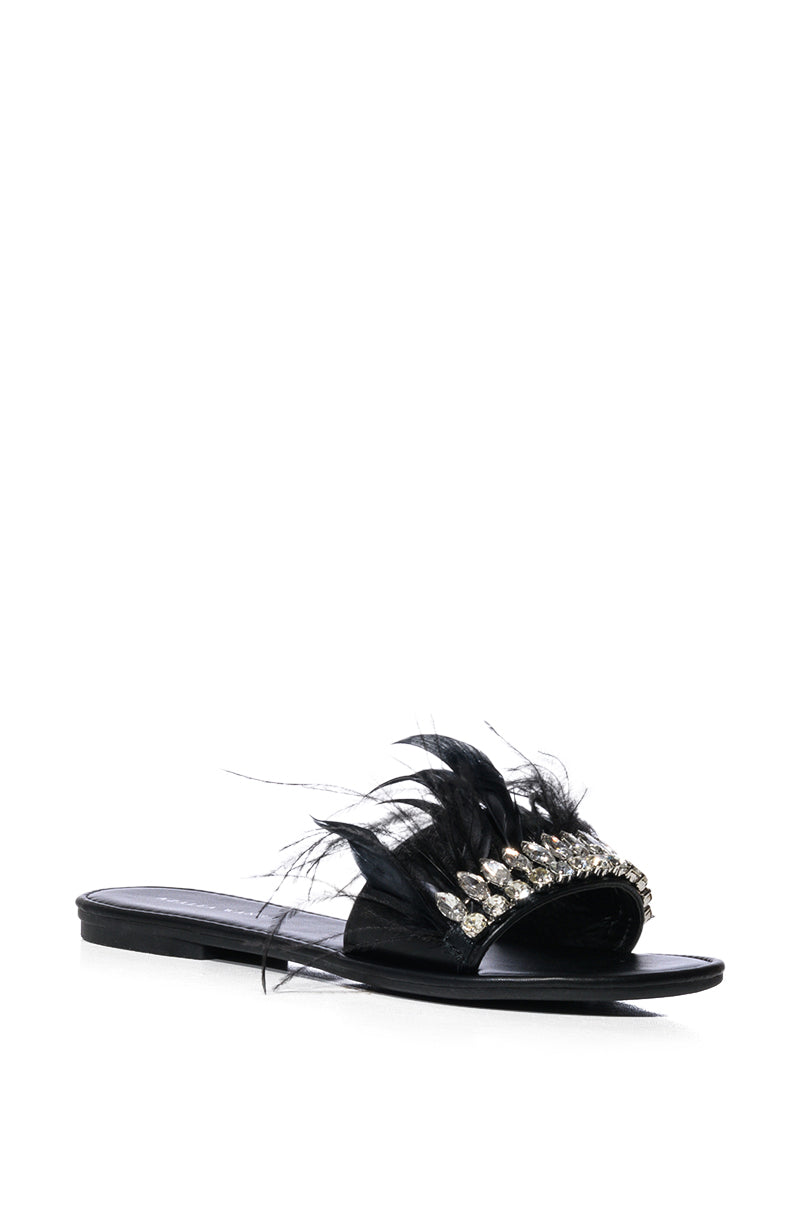 AZALEA WANG FEATHER FLAT SANDAL IN BLACK