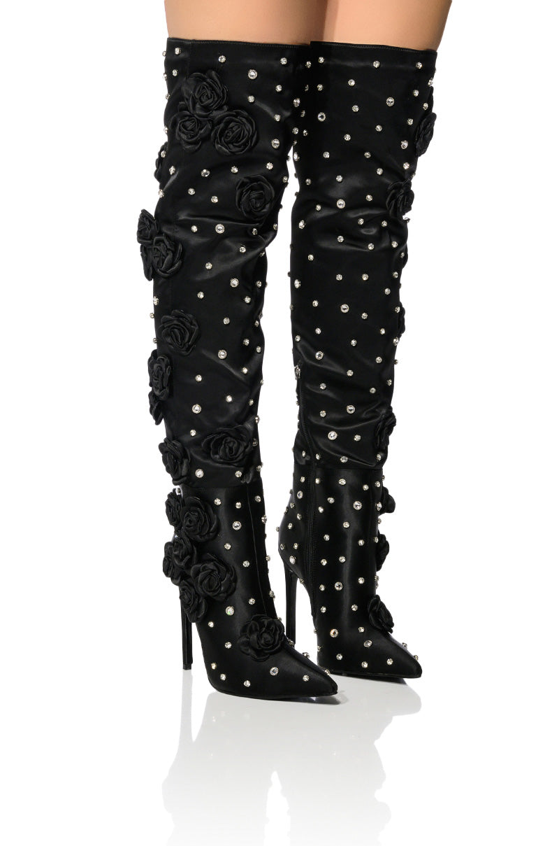 AZALEA WANG PATTI SATIN ROSE EMBELLISHED BOOT IN BLACK