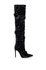 AZALEA WANG PATTI SATIN ROSE EMBELLISHED BOOT IN BLACK