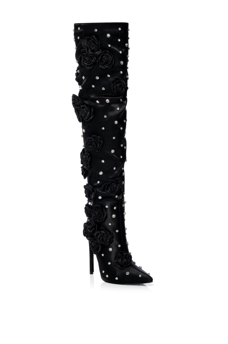 AZALEA WANG PATTI SATIN ROSE EMBELLISHED BOOT IN BLACK