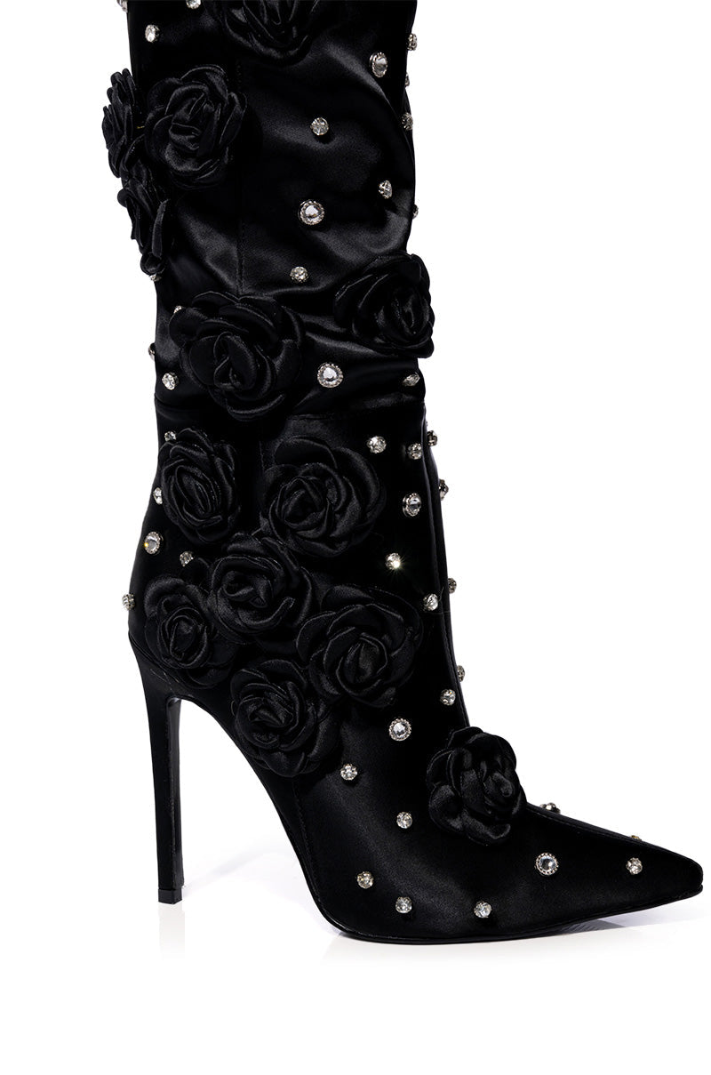 AZALEA WANG PATTI SATIN ROSE EMBELLISHED BOOT IN BLACK