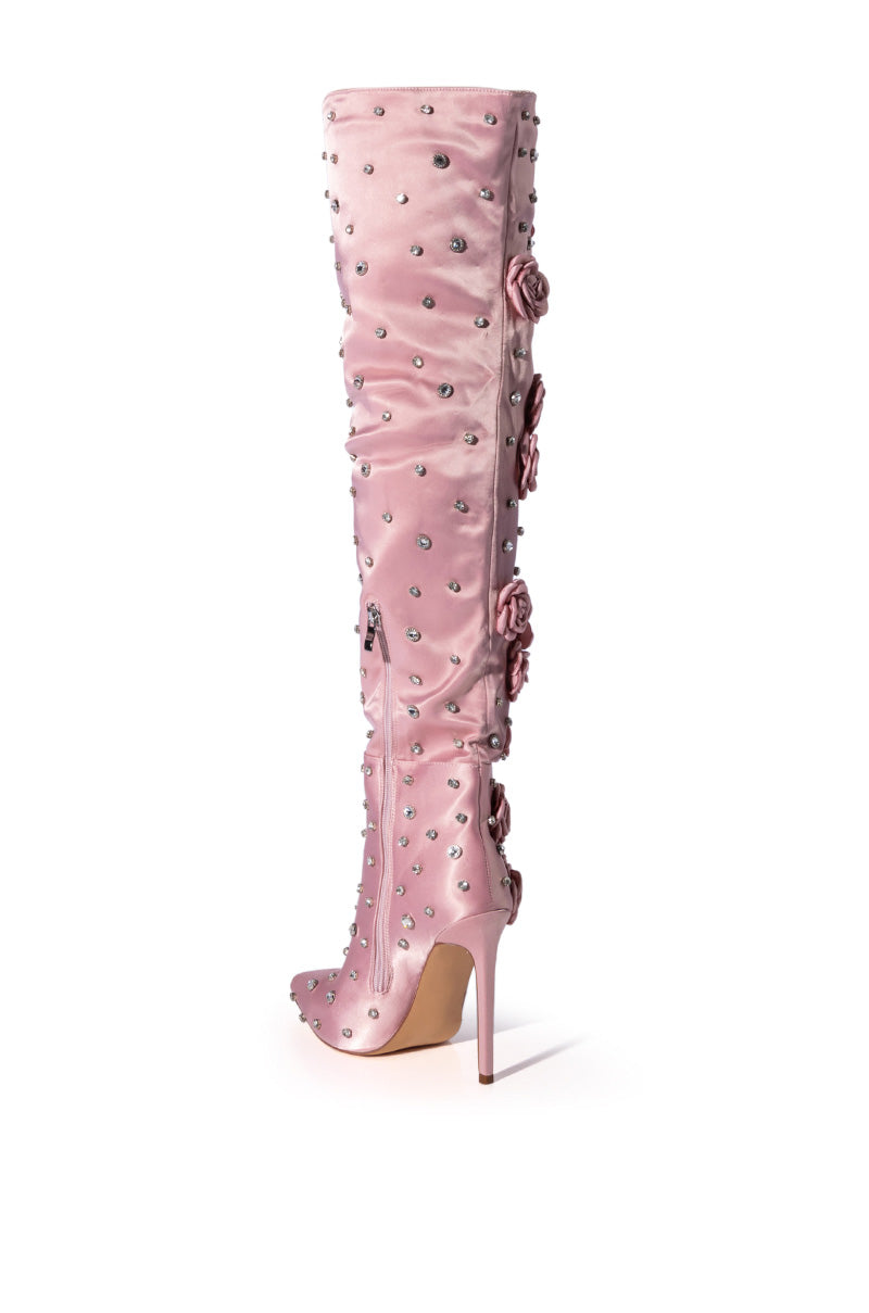 AZALEA WANG PATTIE EMBELLISHED SATIN BOOT IN PINK