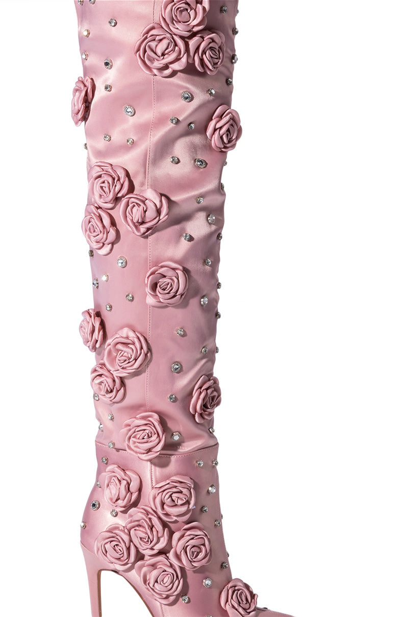 AZALEA WANG PATTIE EMBELLISHED SATIN BOOT IN PINK
