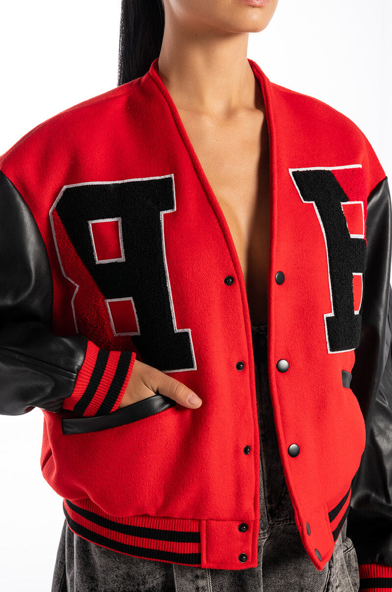 RIDER OF THE NIGHT OFF SHOULDER VARSITY BOMBER
