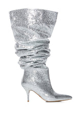 AZALEA WANG SEIRA SCRUNCHED METALLIC THIGH HIGH BOOT IN SILVER