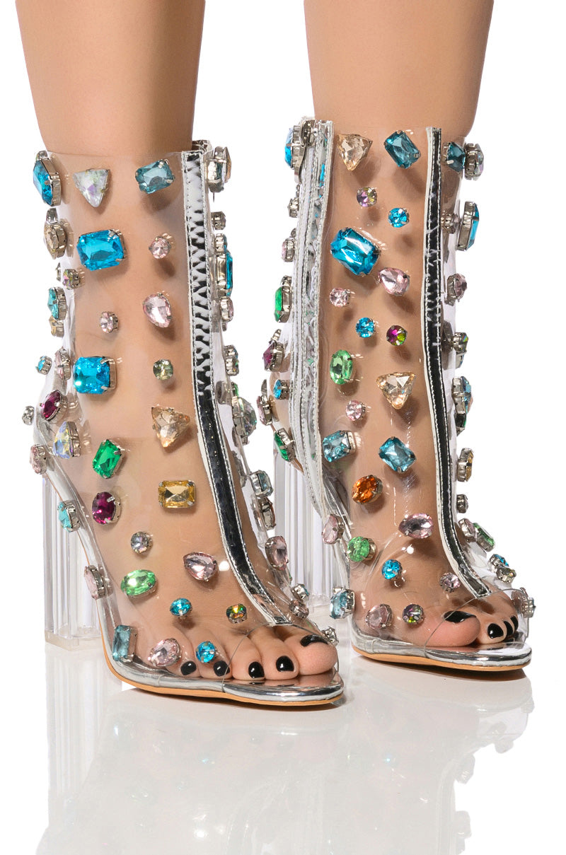 AZALEA WANG SHAYLEIGH EMBELLISHED PVC BOOTIE IN MULTI