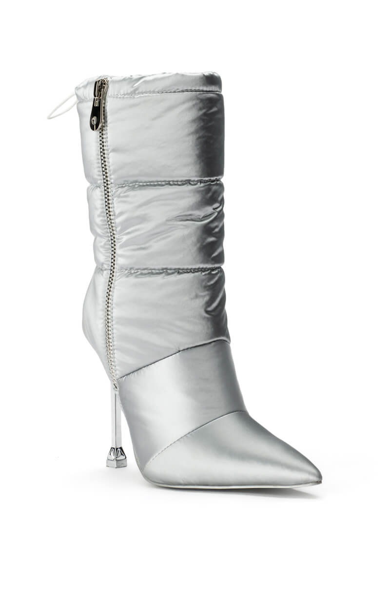 AZALEA WANG GRETCHEN STILETTO PUFFER BOOTIE IN SILVER