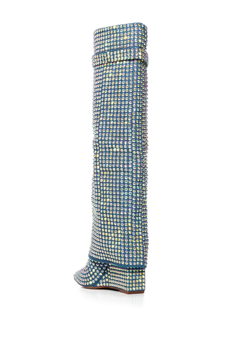 AZALEA WANG SMOOTH CRIMINAL DENIM DIAMOND COVERED WEDGE BOOT