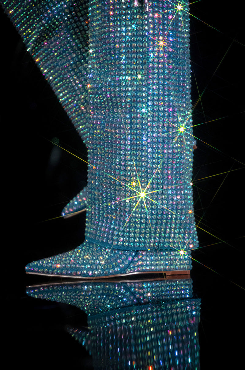 AZALEA WANG SMOOTH CRIMINAL DENIM DIAMOND COVERED WEDGE BOOT