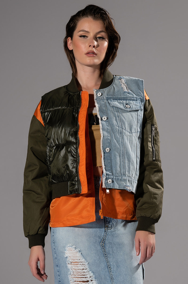 TUCKER MIXED DENIM BOMBER JACKET