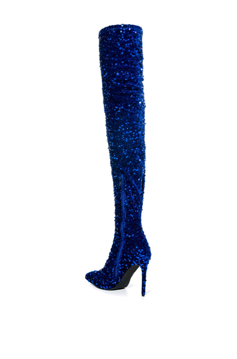 AZALEA WANG ULTRA STRETCH SEQUIN STILETTO BOOT IN BLUE