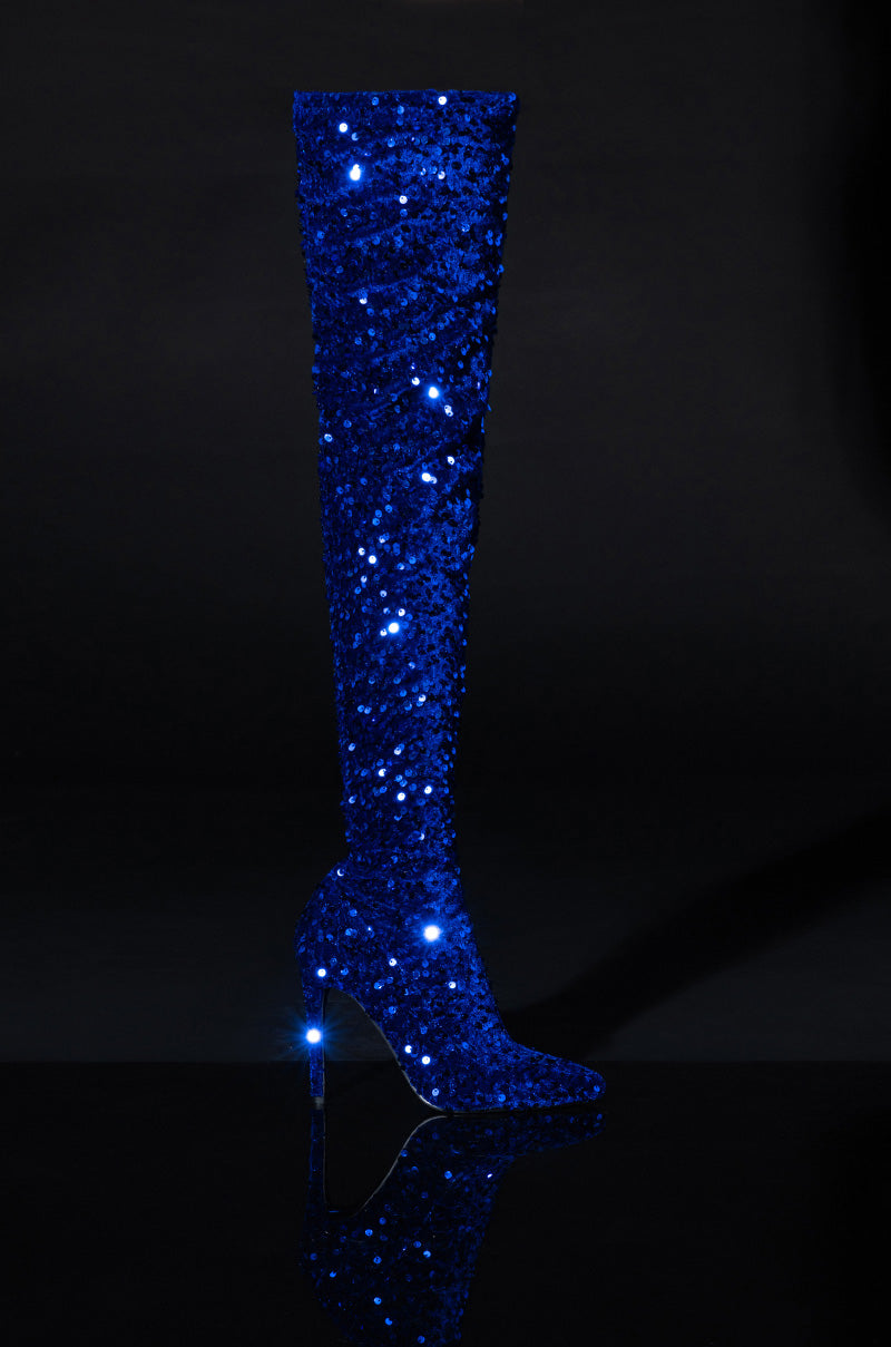 AZALEA WANG ULTRA STRETCH SEQUIN STILETTO BOOT IN BLUE
