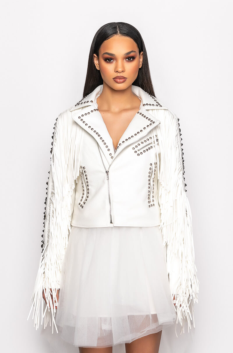 KARL WON THE JACKPOT FRINGE HITCHED MOTO JACKET