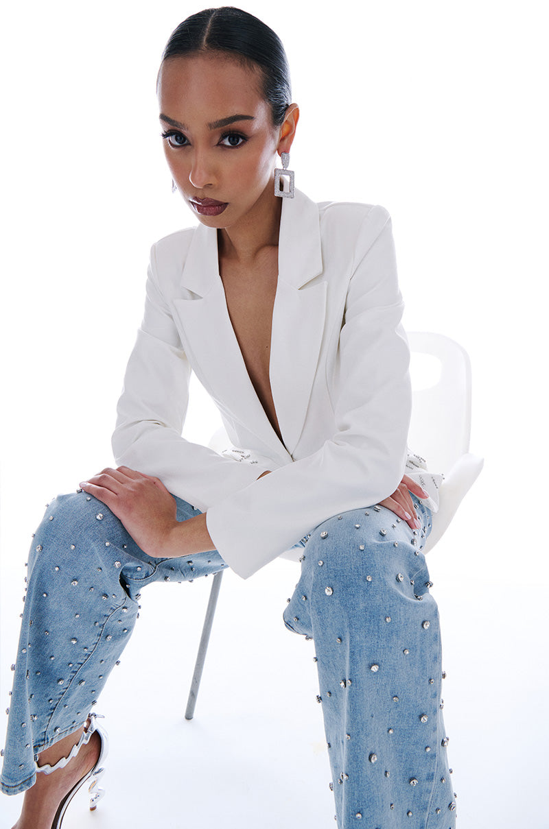 BACK CUT RHINESTONE BLAZER IN WHITE