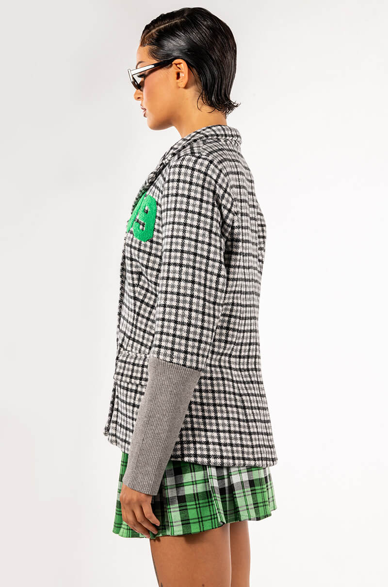 COLLEGIATE BACK TO SCHOOL PLAID BLAZER WITH THUMB HOLES
