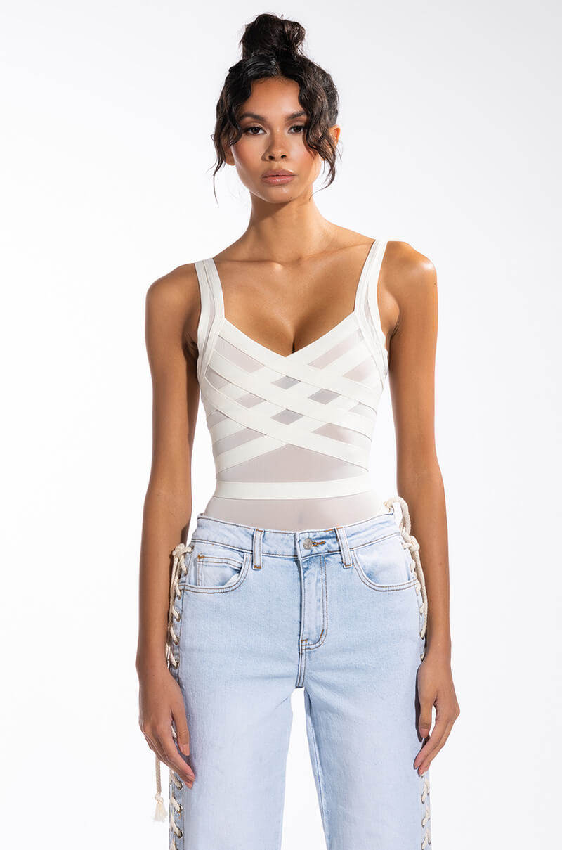 BANDAGE MESH SLEEVELESS BODYSUIT