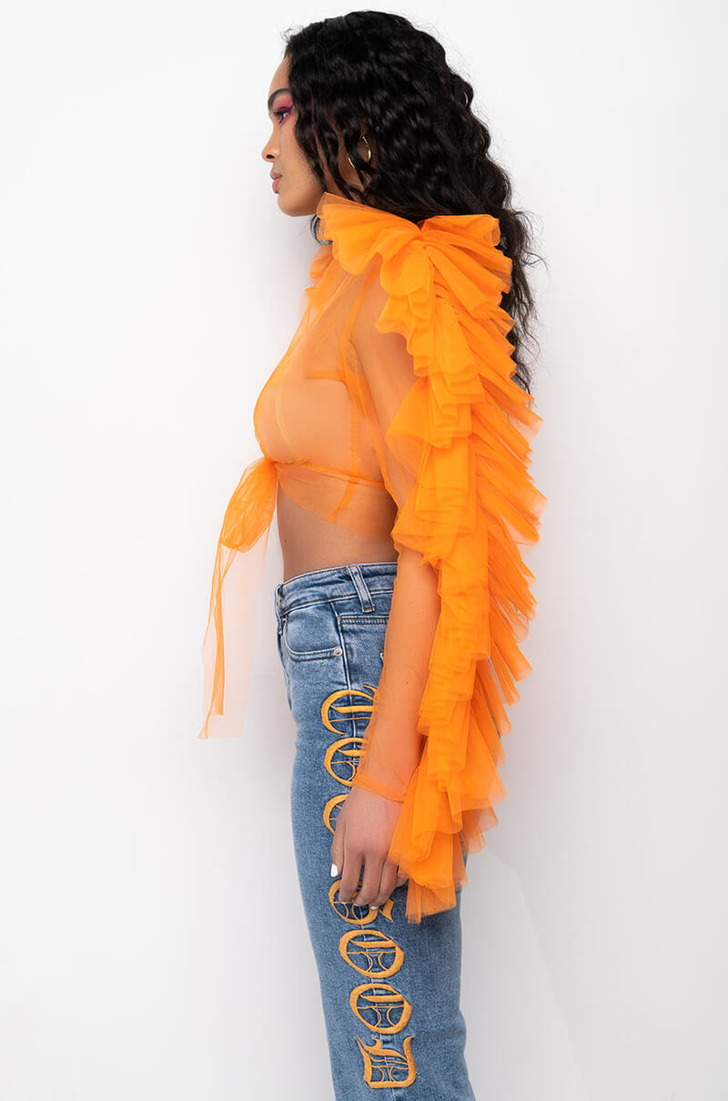 BASEL RUFFLE SLEEVE TIE FRONT TULLE BLOUSE