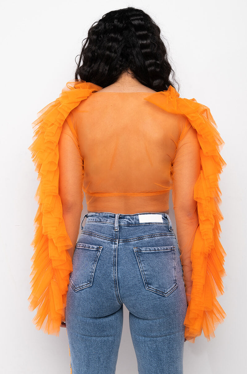 BASEL RUFFLE SLEEVE TIE FRONT TULLE BLOUSE