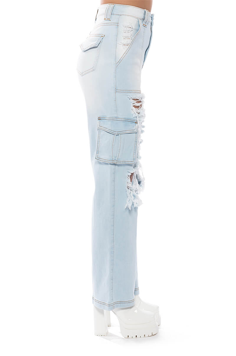 BE REAL DISTRESSED CARGO HIGH RISE JEANS