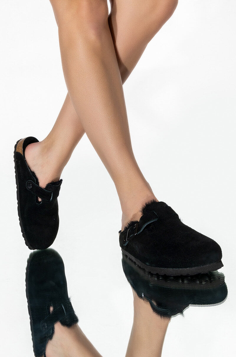 BIRKENSTOCK BOSTON SHEARLING SANDAL IN BLACK