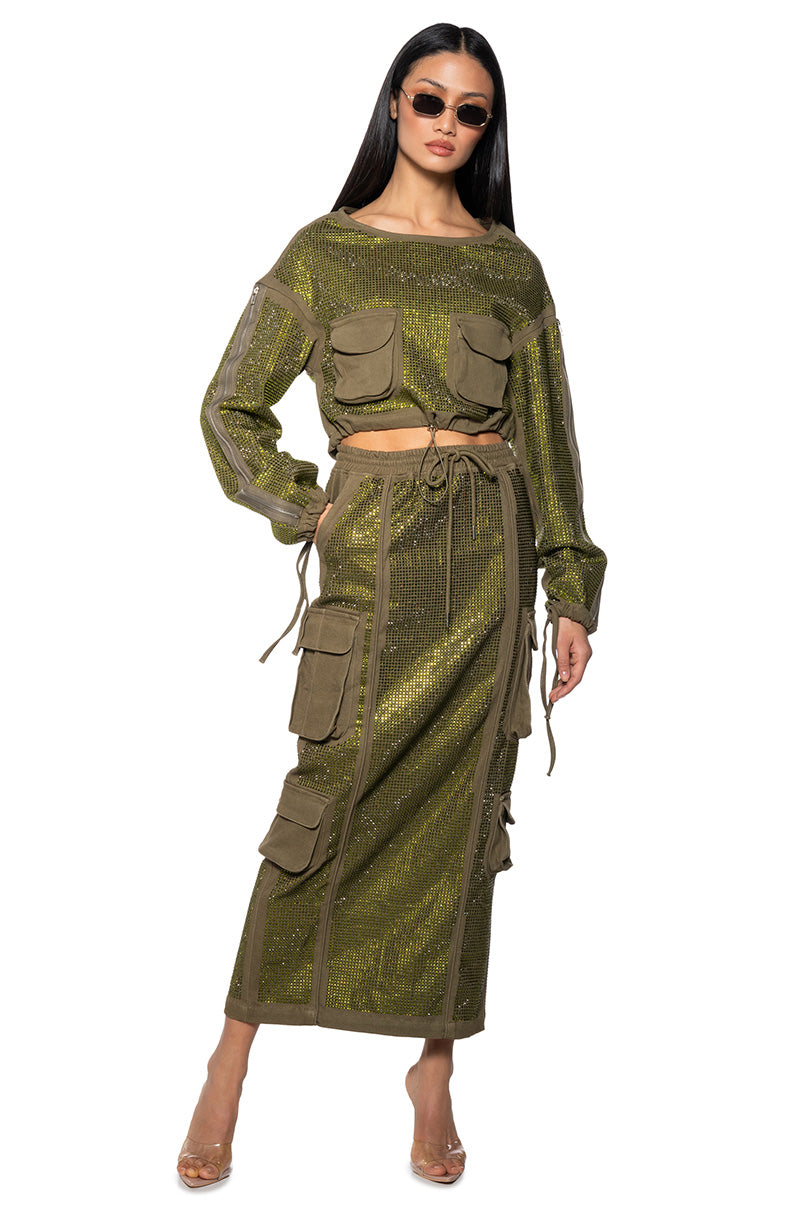 BLAIR RHINESTONE MIDI CARGO SKIRT