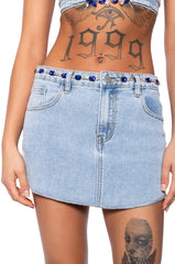 BLINGED OUT DENIM RAW HEM MINI SKIRT
