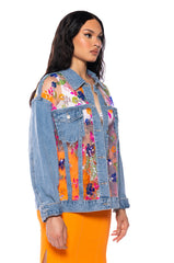 MERCER FLORAL SHEER DENIM JACKET