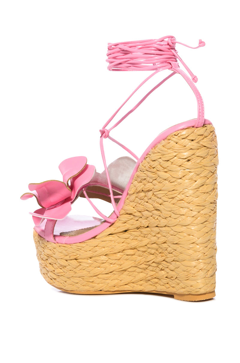 BLOOMY FLOWER LACE UP WEDGE SANDAL IN PINK