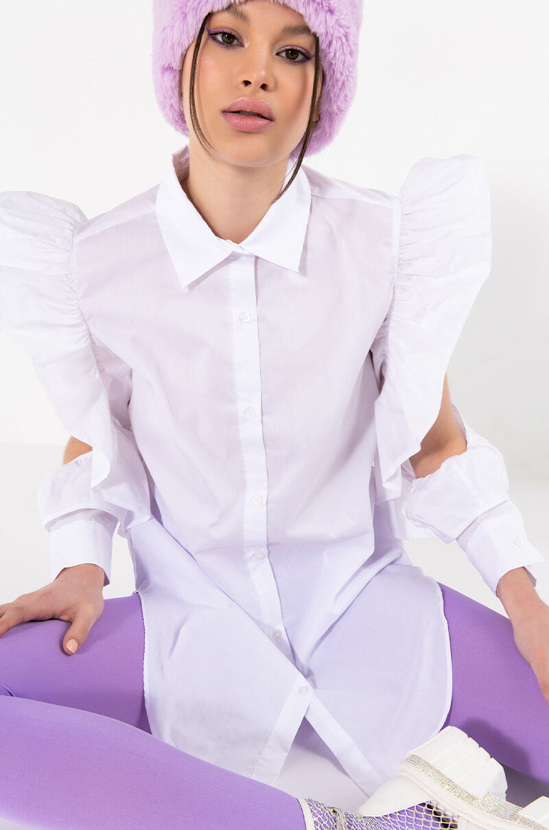 TYRA RUFFLE SLEEVE POPLIN BLOUSE