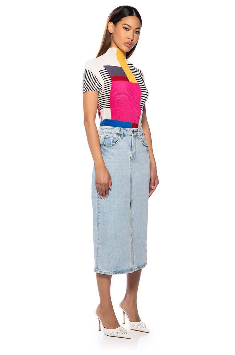 BRIANA CENTER SLIT DENIM MIDI SKIRT