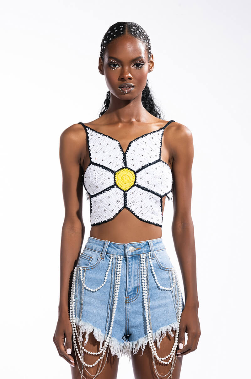 BRIGHTER DAYS EMBELLISHED CROCHET CROP TOP