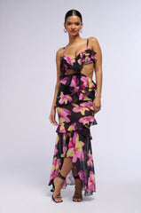 BRING MAY FLOWERS RUFFLED MIDI DRESS