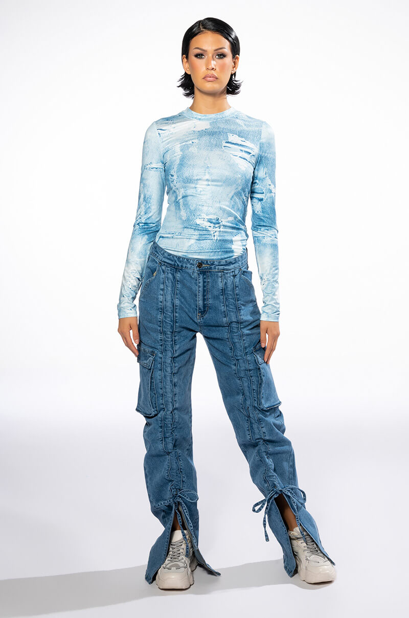 BRITT DENIM LOOK MESH TOP