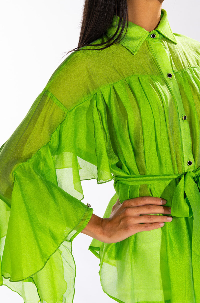 CALL THE SHOTS LONG SLEEVE RUFFLE BUTTON DOWN BLOUSE