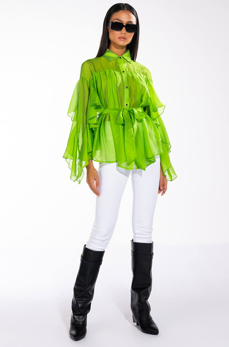 CALL THE SHOTS LONG SLEEVE RUFFLE BUTTON DOWN BLOUSE