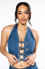 CALYPSO DENIM HALTER NECK TOP