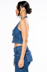 CALYPSO DENIM HALTER NECK TOP
