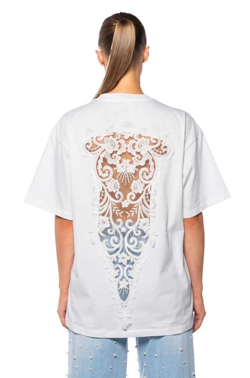 CARA SHEER LACE DETAILED T SHIRT IN WHITE