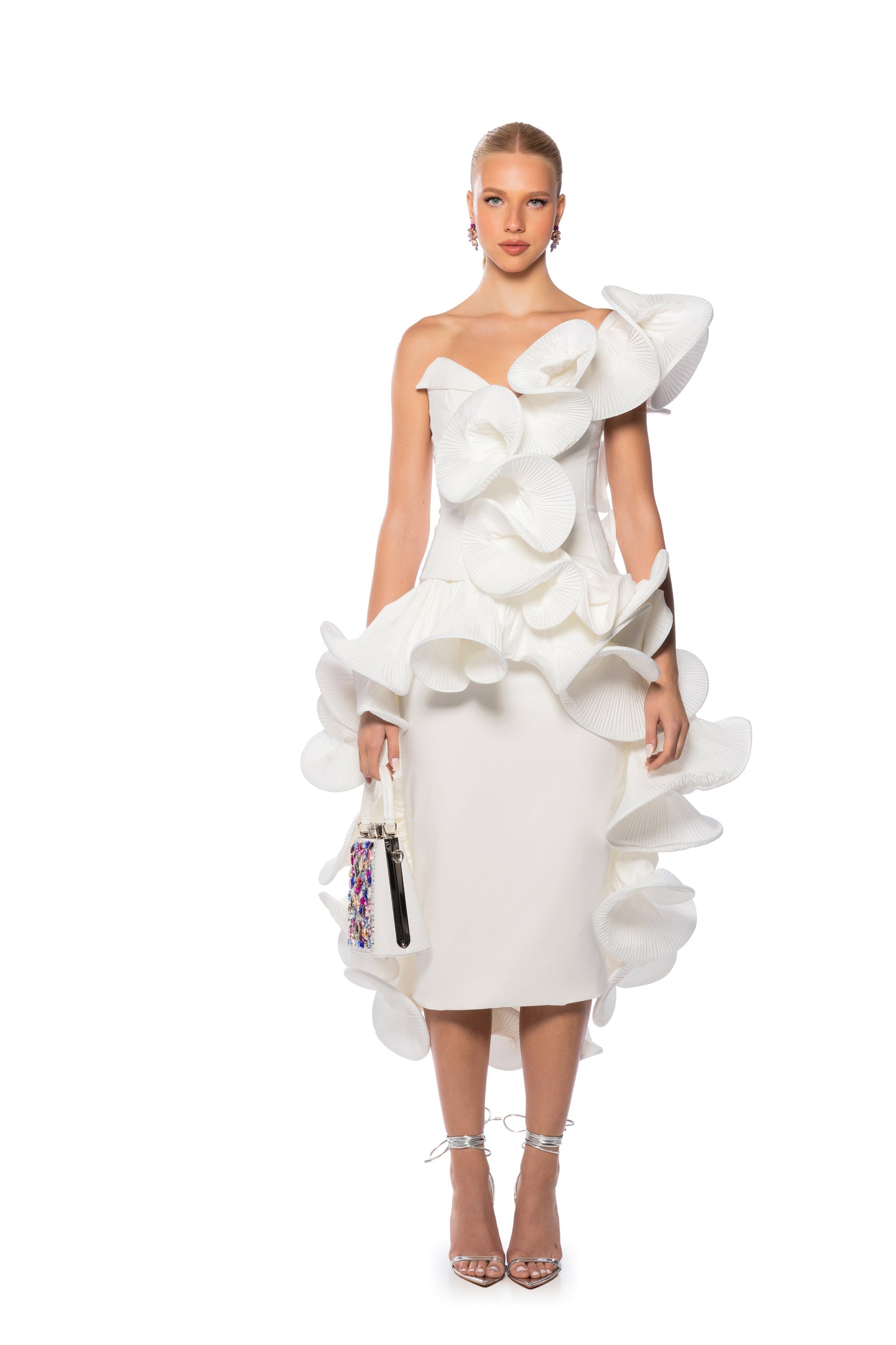 CASCADING RUFFLE MIDI SKIRT