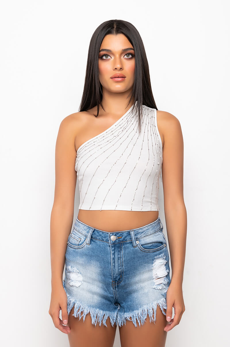 SELENE RHINESTONE RIBBED ONE SHOULDER CROP TANK