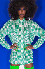 CENTRAL PARK GINGHAM MESH BUTTON DOWN BLOUSE