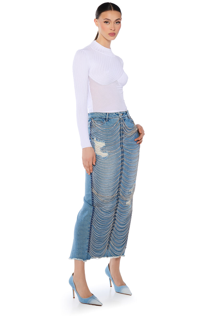 CHAIN DETAIL DENIM MAXI SKIRT
